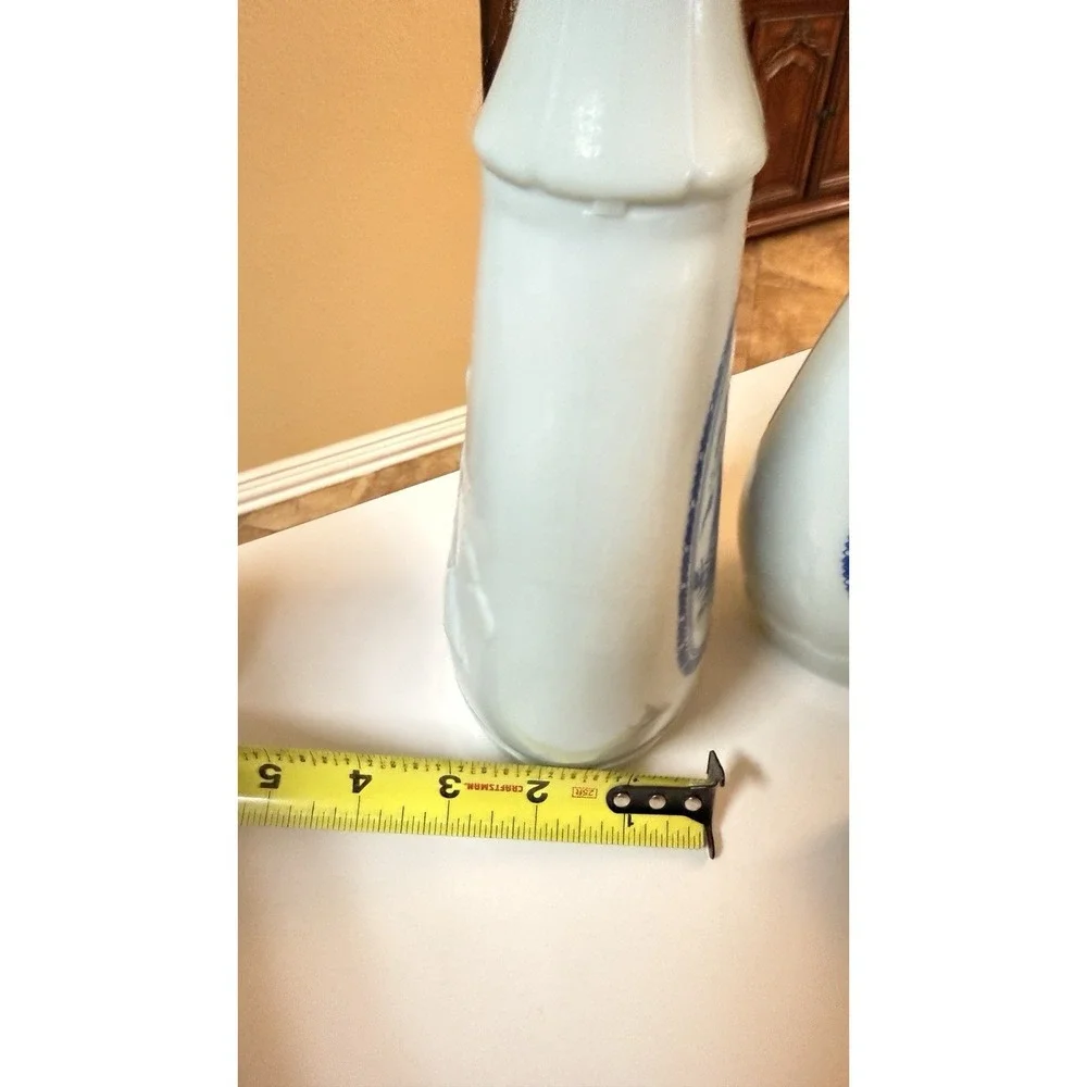 1963 Jim Beam Milk Glass Decanter Set Delft Blue‎ Sailing Ship Bottle Pair Vtg